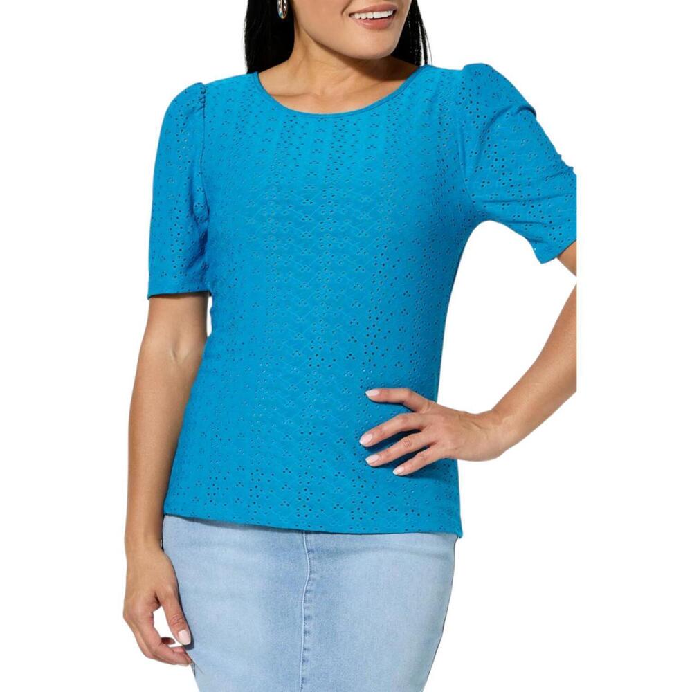 Lacey Chabert Women's Puff-Sleeve Stretch Eyelet Knit Top Blue Danube - Regular